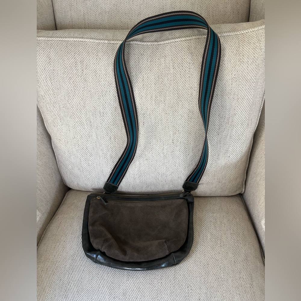 Anthropologie Green Leather and Suede Crossbody Bag with 3 Straps